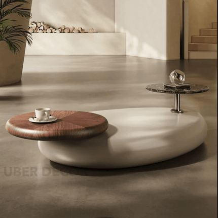 Meuse Coffee Table, Modern Sculptural Organic Dual Surface Center Table with Wood and Stone Tops for Living Room