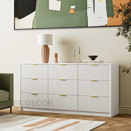 Arden White Fluted 9-Drawer Modern Japandi Solid Wood Cabinet with Brass Handles & Custom Finish for Bedroom, Living Room & Entryway