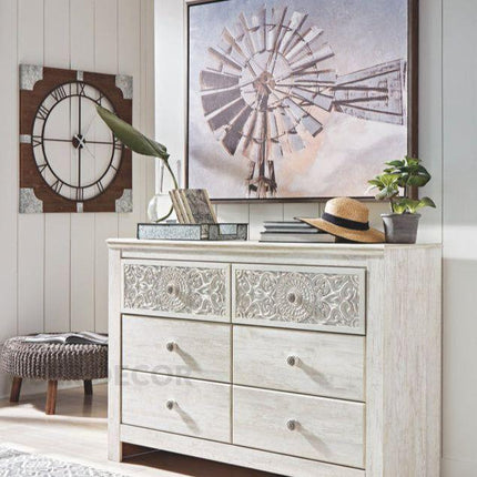 Serenity Scroll 6-Drawer Chest – Hand-Carved Floral Solid Wood Cabinet, French Vintage Whitewash & Custom Finish Options for Bedroom, Living Room & Entryway