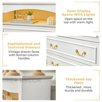 Belmont Luxe 6-Drawer French Country Cabinet – Elegant Solid Wood with White Polish & Gold Handles, Custom Color Options for Bedroom, Living Room & Entryway