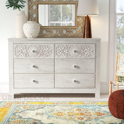 Serenity Scroll 6-Drawer Chest – Hand-Carved Floral Solid Wood Cabinet, French Vintage Whitewash & Custom Finish Options for Bedroom, Living Room & Entryway