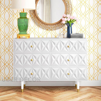 Sierra Luxe 6-Drawer Mid-Century Modern White Geometric Cabinet with Gold Accents & Tapered Legs for Bedroom, Living Room & Entryway