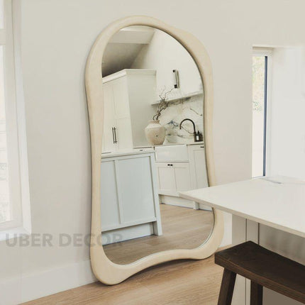 Claribel Wavy Ivory Teak Floor Mirror – Sculptural Full-Length Statement Piece