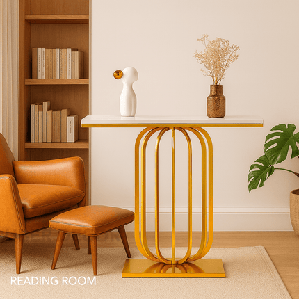 Etoile Crest Console – French Deco Marble Console Table with Luxe Pedestal Base for Hallway Glamour