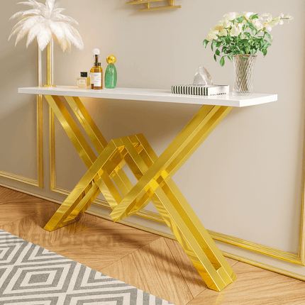 Vervara Mid-Century Modern Console Table – Customizable Marble or Glass Top with Sculptural Gold Base for Hallway or Living Room