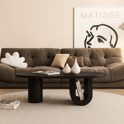 Jordan Shiro Japanese Minimalist Oval Coffee Table – White MDF Top with Solid Wood Legs, Matte Finish – Integrated Storage Shelf – Ideal for Living Room and Bedroom