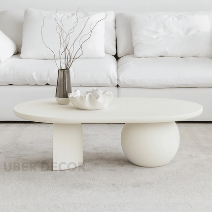 Magdalena Sculptural Mid Century Japandi Coffee Table – Organic Round Wooden Top with Sphere and Arched Block Legs – Artistic Designer Centerpiece for Living Room