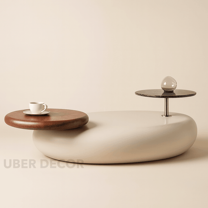 Meuse Coffee Table, Modern Sculptural Organic Dual Surface Center Table with Wood and Stone Tops for Living Room