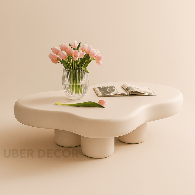 Tigris Blanc Cloud Coffee Table – White Sculptural Top with Irregular Organic Form and Rounded Legs – Minimalist Accent for Kawaii-Inspired and Modern Living Rooms