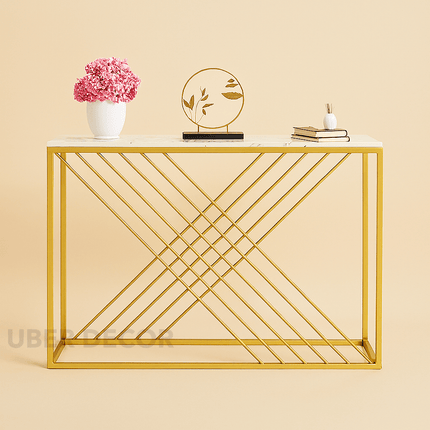 Sovana Luxe Marble Console Table – Custom White or Black Marble Top, Modern French Art Deco Gold Base for Hallways & Lounges