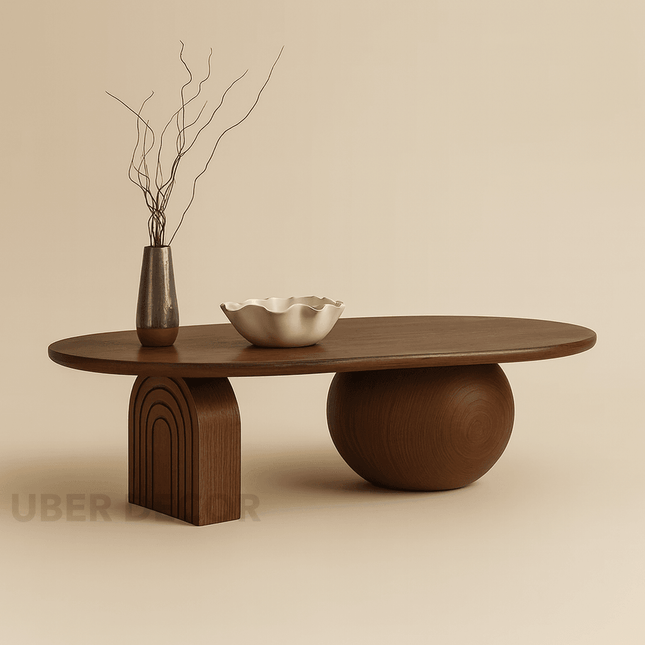 Magdalena Sculptural Mid Century Japandi Coffee Table – Organic Round Wooden Top with Sphere and Arched Block Legs – Artistic Designer Centerpiece for Living Room