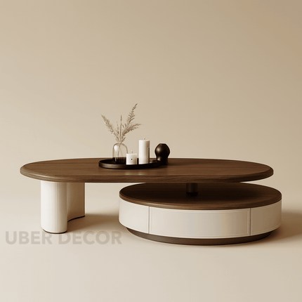Aldan Dual Layer Functional Mid Century Modern Contemporary Coffee Table Scandinavian Design Solid Wood Top Cylindrical Base Matte Finish Round Center Table for Reception Area