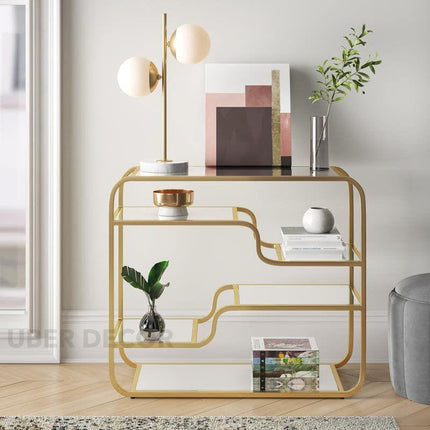 Solstice Wave Console Table – Glass-Top Entryway Console with Gold Finish Base for Living Room