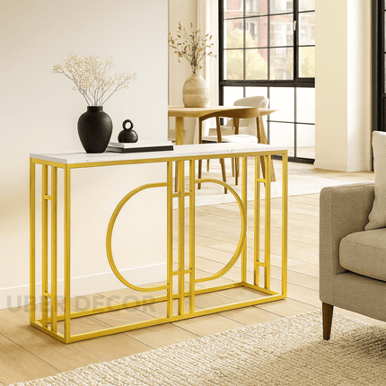 Helio Spectrum Mid-Century Modern Display Table – Customizable Marble Top with Sculptural Gold Base for Hallway or Living Room