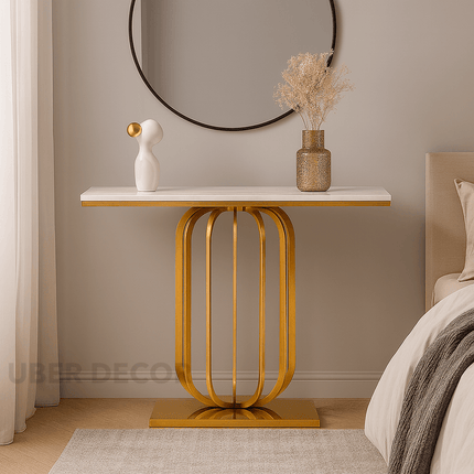 Etoile Crest Console – French Deco Marble Console Table with Luxe Pedestal Base for Hallway Glamour