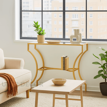 Aurion Display Table – Elegant Glass Top with Sculptural Gold Metal Base for Hallways, Entryways & Living Rooms