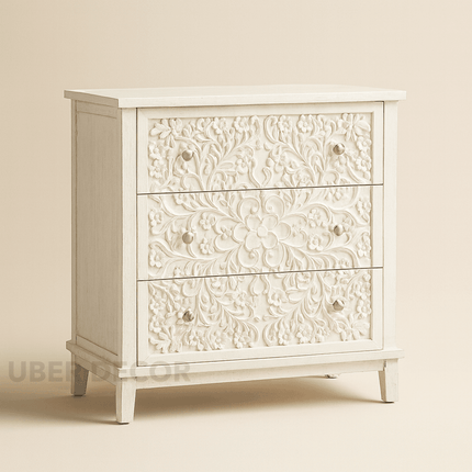 Ivory Bloom 3-Drawer Chest – Hand-Carved Floral Solid Wood Cabinet, French Vintage Whitewash Finish, Customizable – Bedroom, Entryway & Living Room