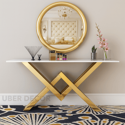 Vervara Mid-Century Modern Console Table – Customizable Marble or Glass Top with Sculptural Gold Base for Hallway or Living Room