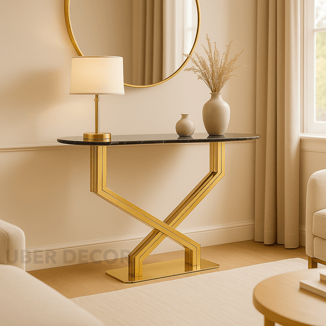 Astra Crossline Side or Console Table – Custom Black or White Marble Top with Gold X‑Frame Mid‑Century Glam For Hallway & Entryway