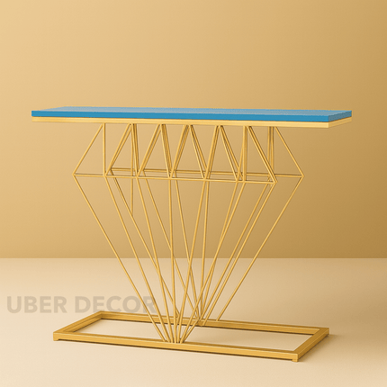 Auric Prism Display Table – Customizable Wooden Top with Sculptural Gold Geometric Base for Entryway & Hallway