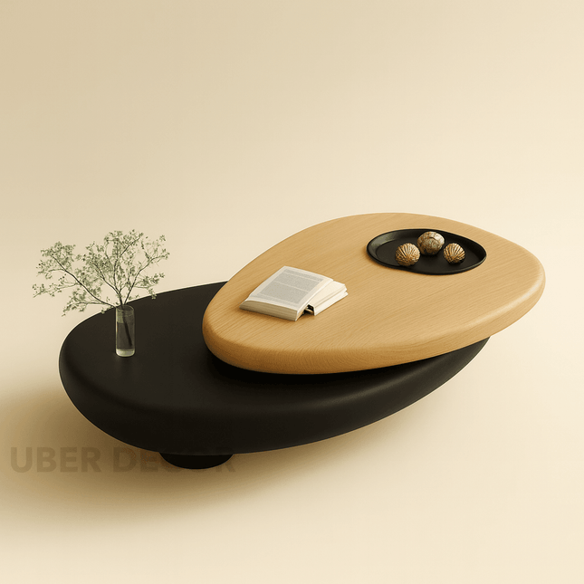 Songhua Contemporary Mid Century Japandi Coffee Table – Organic Two Tone Sculptural Design with Solid Wood Top and Inset Tray – Modern Centerpiece for Living Room