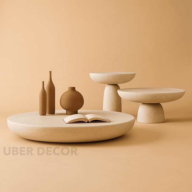 Cam Coffee Table Set of 3, Sculptural Modern European Textured Center and Side Tables for Living Room