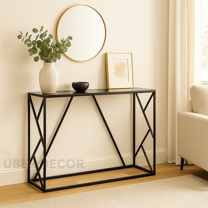 Vanta Grid Display Table – Customizable Top with Black Metal Geometric Base for Entryway & Living Spaces