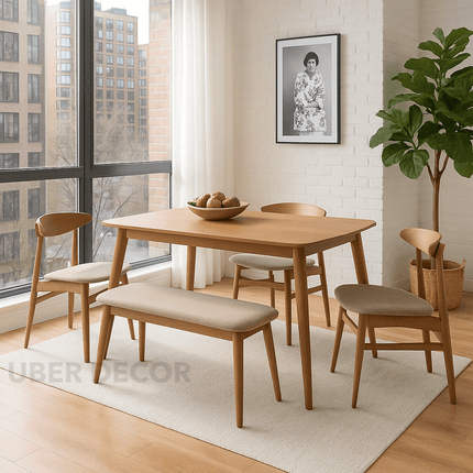 Oakline Minimalist Mid-Century Modern Wooden Dining Table Set with Chairs and Bench for Kitchen Dining Area