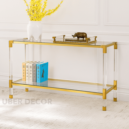 Lumina Luxe Mid-Century Modern Display Table – Clear Tempered Glass Top with Gold & Lucite Accents for Entryway or Living Room