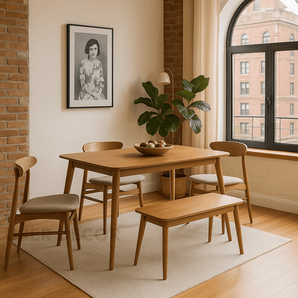 Oakline Minimalist Mid-Century Modern Wooden Dining Table Set with Chairs and Bench for Kitchen Dining Area