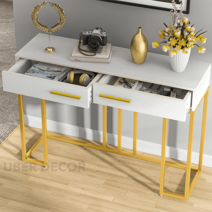 Montereau Luxe Modern Console Table – White Gloss Drawer Console with Gold Linear Base for Hallway & Living Room Elegance