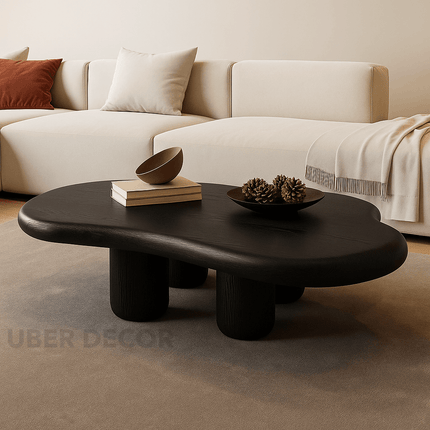 Ebro Drift Modern Cloud Coffee Table – 48.42" Dark Walnut Veneer Top with 4 Solid Wood Legs, Organic Contour – Sculptural Statement for Living Rooms and Tea Corners