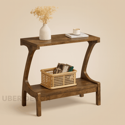 Nara Arc Sofa Side Table – Solid Wood Japandi Modern Accent with Storage Shelf for Living Room