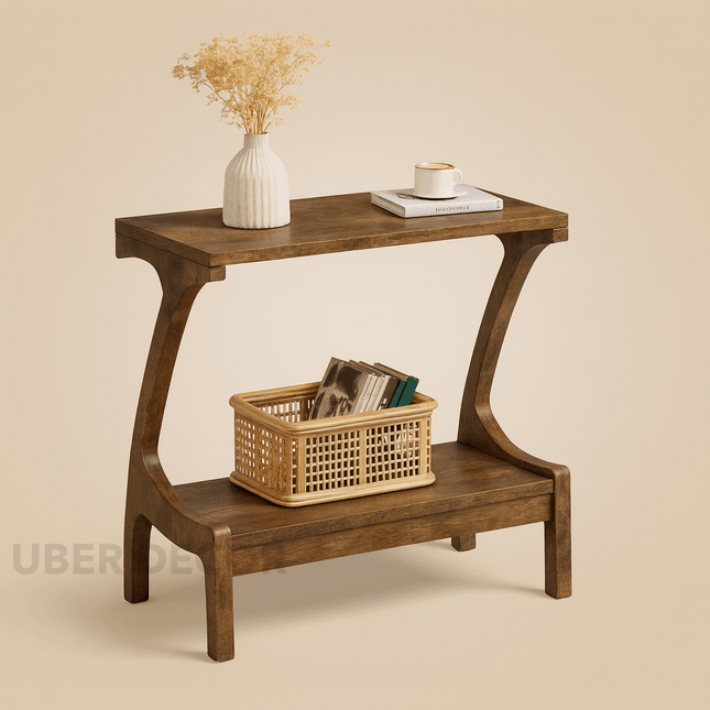 Nara Arc Sofa Side Table – Solid Wood Japandi Modern Accent with Storage Shelf for Living Room