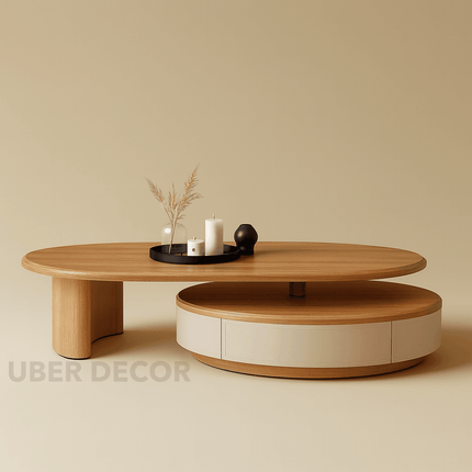 Aldan Dual Layer Functional Mid Century Modern Contemporary Coffee Table Scandinavian Design Solid Wood Top Cylindrical Base Matte Finish Round Center Table for Reception Area