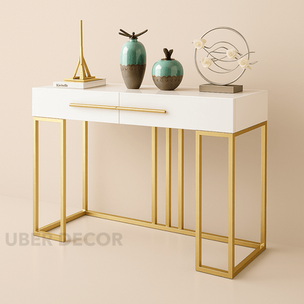 Montereau Luxe Modern Console Table – White Gloss Drawer Console with Gold Linear Base for Hallway & Living Room Elegance