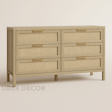 Bayshore 6-Drawer Scandinavian Rattan Front Solid Wood Cabinet with Natural Polish & Custom Finish Options for Bedroom, Living Room & Entryway