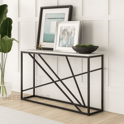 Circa Strata Console Table – Customizable Top with Sculptural Black Metal Geometric Frame for Hallway, Entryway & Living Area