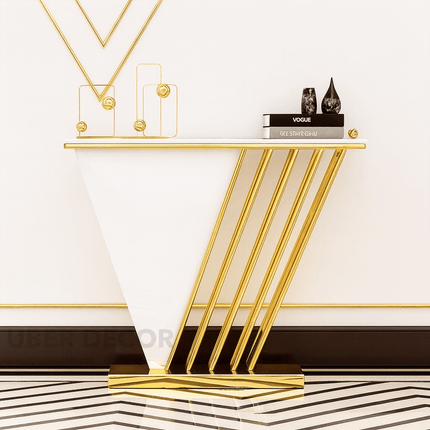 Vestra V-Form Art Deco Console Table – Mid-Century Modern Inspired Statement Display in Black & Gold for Entryway or Living Room