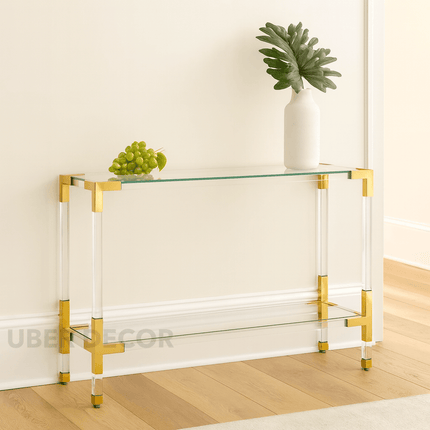 Lumina Luxe Mid-Century Modern Display Table – Clear Tempered Glass Top with Gold & Lucite Accents for Entryway or Living Room