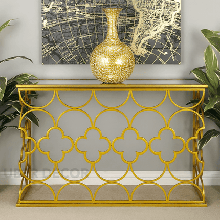 Maison Marque Designer Console Table – Moroccan-Inspired Gold Mirror Console for Luxe Hallways & Living Spaces