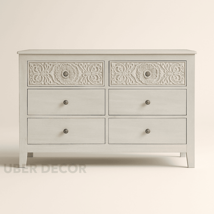 Serenity Scroll 6-Drawer Chest – Hand-Carved Floral Solid Wood Cabinet, French Vintage Whitewash & Custom Finish Options for Bedroom, Living Room & Entryway