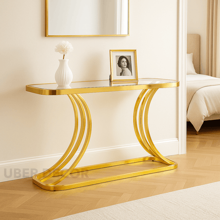 Arcadian Flow Modern Art Deco Display Table – Clear Tempered Glass Top with Curved Gold Base for Hallway or Living Room