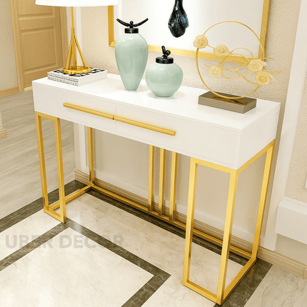 Montereau Luxe Modern Console Table – White Gloss Drawer Console with Gold Linear Base for Hallway & Living Room Elegance