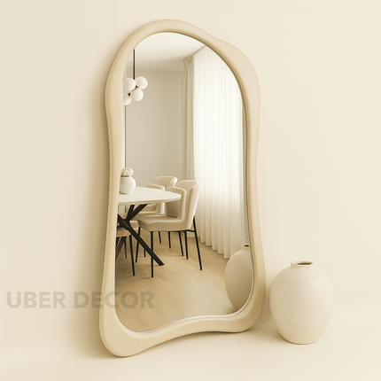 Claribel Wavy Ivory Teak Floor Mirror – Sculptural Full-Length Statement Piece
