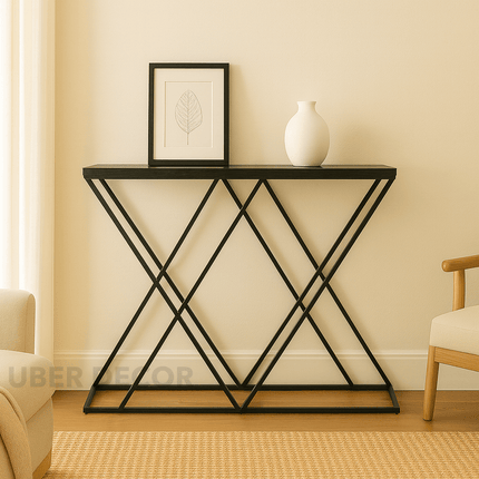 Nexa Noir Mid-Century Modern Display Table – Matte Black Frame with Geometric Crisscross Base for Hallway or Living Room