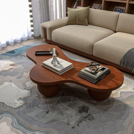Aras River Flow Coffee Table, Mid Century Modern Japandi Organic Walnut Center Table with Sculptural Legs for Living Room
