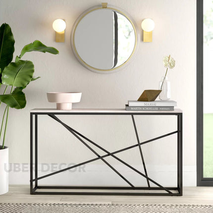 Circa Strata Console Table – Customizable Top with Sculptural Black Metal Geometric Frame for Hallway, Entryway & Living Area