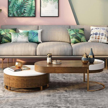 Churchill River Coffee Table with Storage, Modern European Wood and White Functional Center Table with Gold Accents for Living Room
