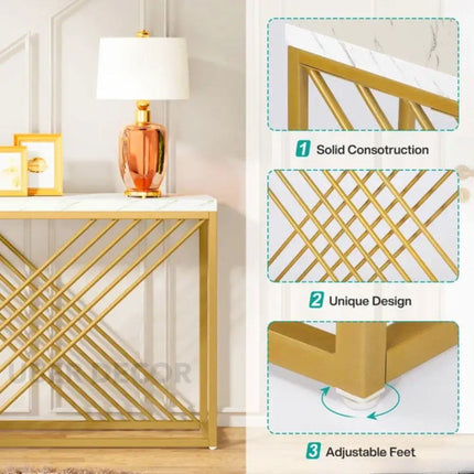 Sovana Luxe Marble Console Table – Custom White or Black Marble Top, Modern French Art Deco Gold Base for Hallways & Lounges